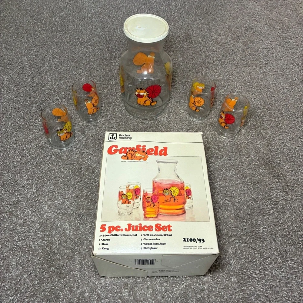 Vintage Anchor Hocking Garfield Juice Set 1978 Glass Carafe Glasses Cup 5 Pc Set
